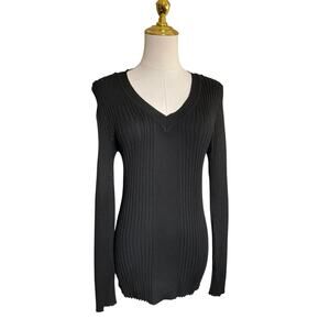 Dots Sweater Womens XL Black Ribbed Long Sleeve V Neck Stretch Pullover Top